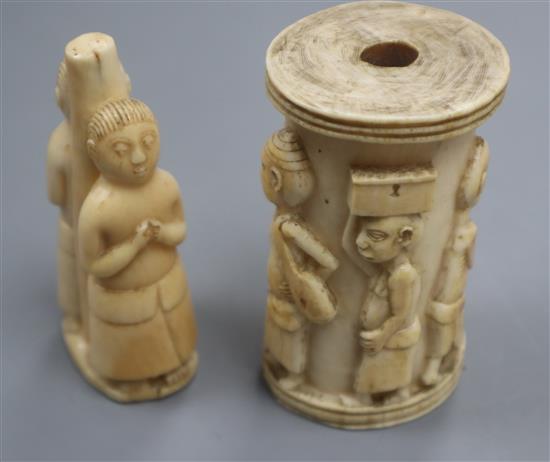 Two 19th century tribal ivory figural carvings length 8cm